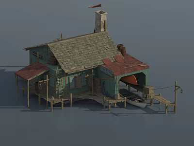 Charming Wooden House With Green Exterior Sloped Roof Chimney Wooden Dock And Small Boat 3d model
