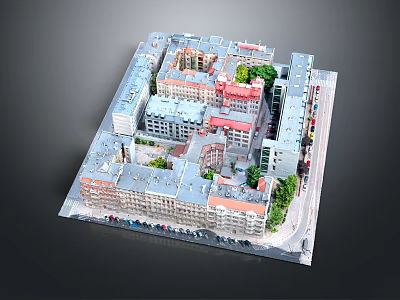 Architectural Model of Urban Building Complex With Colorful Roofs Green Trees and Vehicles 3d model