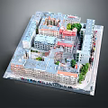Architectural Model of Urban Building Complex With Colorful Roofs Green Trees and Vehicles