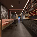 Modern Restaurant Interior Design With Hanging Lamps Black Chairs Green Plants And Wooden Walls