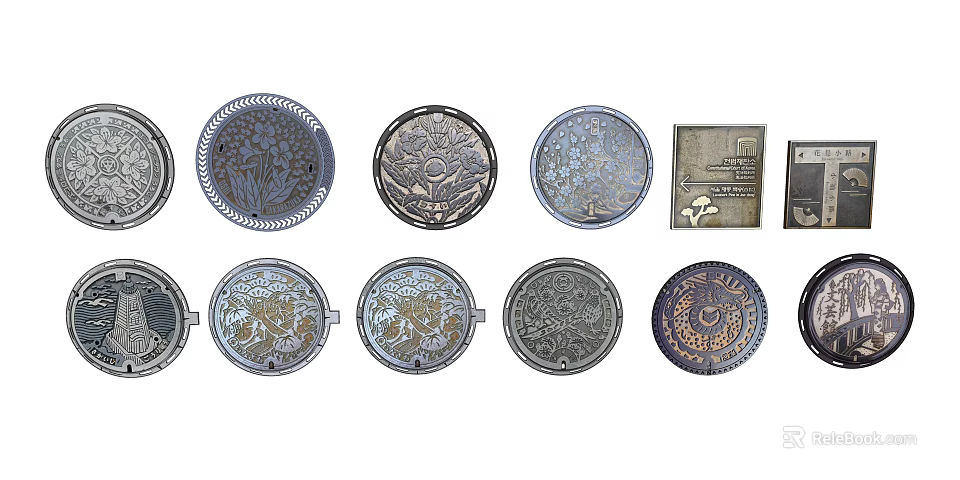 Practical Road Facilities Featuring Metal Covers With Decorative Patterns And Drainage Systems 3d model