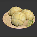 Three Golden Steamed Buns On Bamboo Plate With Leaf Pattern 3d model