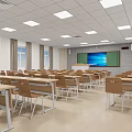 School Classroom Interior With Arranged Desks Chairs And Podium 3d model