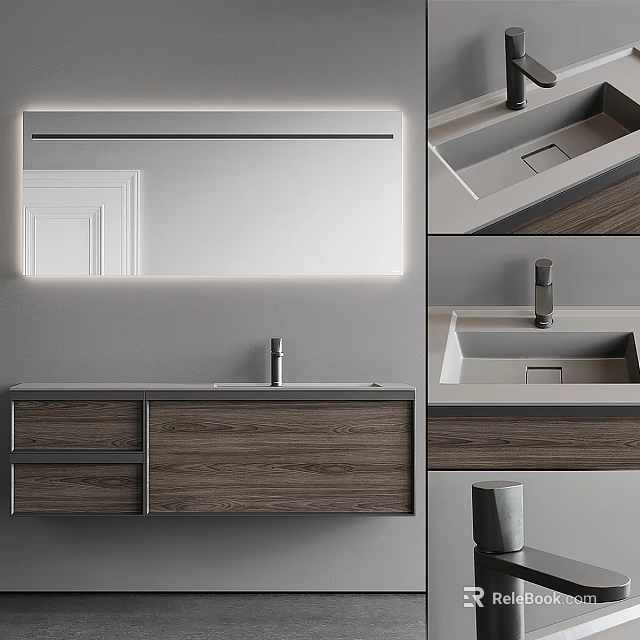 Modern Wall Mounted Bathroom Vanity With Illuminated Mirror And Wooden Cabinets 3d model 