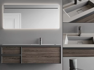Modern Wall Mounted Bathroom Vanity With Illuminated Mirror And Wooden Cabinets 3d model