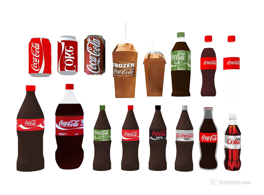 Coca Cola Beverage Collection With Cans Bottles Frozen Drink Cups And Various Sizes Flavors 3d model 