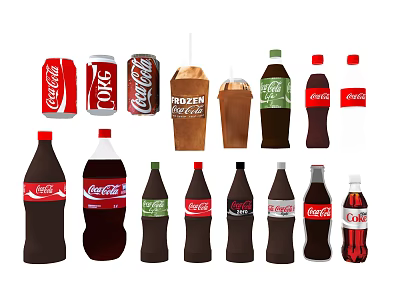 Coca Cola Beverage Collection With Cans Bottles Frozen Drink Cups And Various Sizes Flavors 3d model