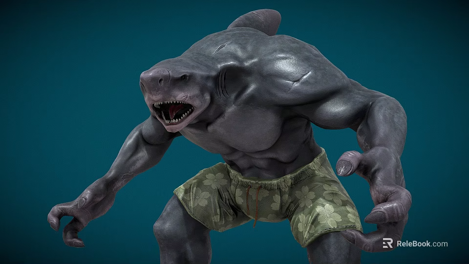 Muscular Shark Humanoid Character Wearing Camouflage Shorts On Blue Background 3d model 