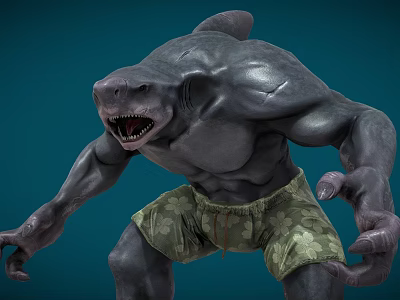 Muscular Shark Humanoid Character Wearing Camouflage Shorts On Blue Background 3d model