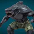 Muscular Shark Humanoid Character Wearing Camouflage Shorts On Blue Background