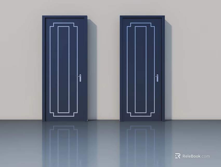 Navy Blue Swing Doors With White Decorative Lines In Modern Interior Design 3d model 