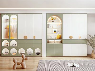 Modern Green And White Wardrobe With Glass Doors Round Handles And Open Shelves 3d model