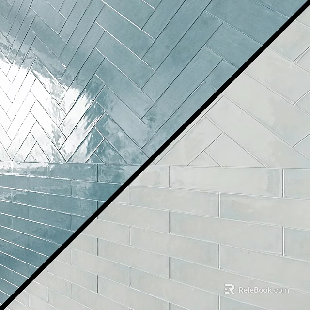 Glossy Blue And White Wall Tiles With Herringbone Rectangular Patterns 3d model