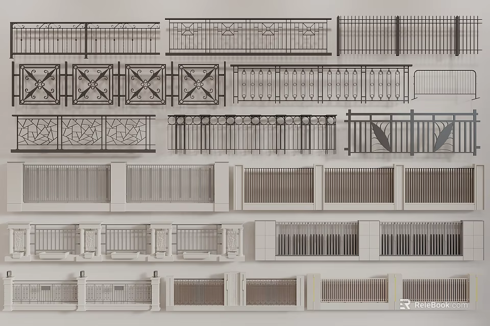 Different Metal Railings With Various Designs Including Cross Slatted And Ornate Patterns 3d model