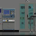 Swing Door Glass Cabinet In Medical Laboratory With Control Panel And Stools
