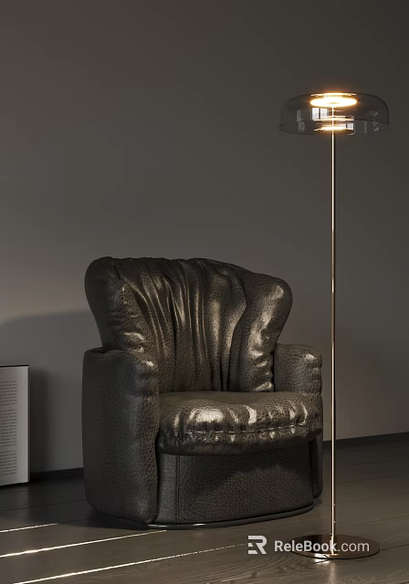 Dark Leather Single Sofa With Modern Floor Lamp Against Gray Wall 3d model