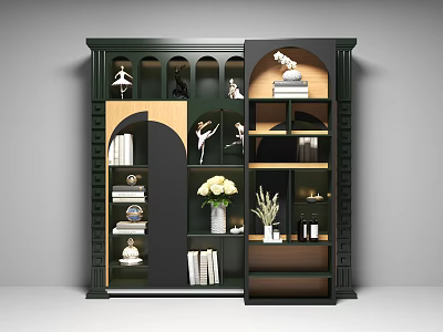 Stylish Dark Green Decorative Cabinet Featuring Multiple Compartments With Ballet Figurines Books And White Flowers 3d model