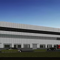 Modern Industrial Factory Building With Large Glass Windows White Walls Lawn And People Nearby Vehicles