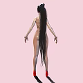 Futuristic Woman In Shiny Metallic Bodysuit With High Heels And Ponytail