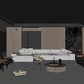 Modern Living Room Interior With White Sofa Wooden Wall Black Armchair And Round Coffee Table