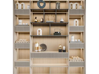 Modern Wooden Bookcase With Varied Storage Shelves And Decorative Items 3d model