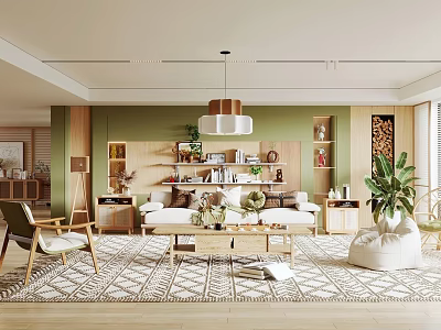 Modern Living Room Interior Design With Green Walls Wooden Bookshelves Sofa Coffee Table And Plants 3d model