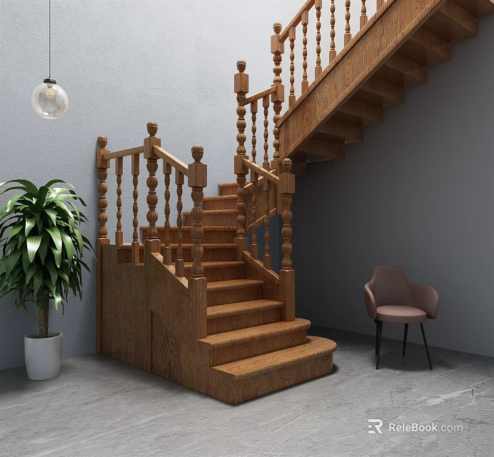 Wooden Staircase With Carved Balusters Green Plant And Gray Chair In Room 3d model 