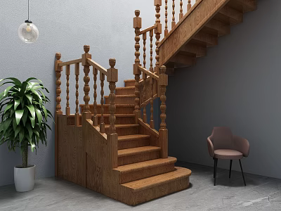 Wooden Staircase With Carved Balusters Green Plant And Gray Chair In Room 3d model