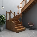 Wooden Staircase With Carved Balusters Green Plant And Gray Chair In Room