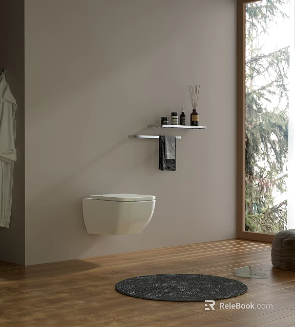 Modern Wall Mounted Toilet in Minimalist Bathroom with Shelf Towel Toiletries and Natural Light 3d model 