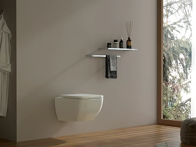 Modern Wall Mounted Toilet in Minimalist Bathroom with Shelf Towel Toiletries and Natural Light 3d model