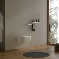 Modern Wall Mounted Toilet in Minimalist Bathroom with Shelf Towel Toiletries and Natural Light