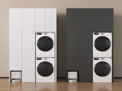 White And Black Stacked Washing Machines With Modern Cabinet Design 3d model