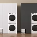 White And Black Stacked Washing Machines With Modern Cabinet Design