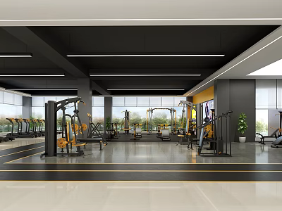 Modern Spacious Gym Interior With Well Equipped Fitness Training Area and Bright Windows 3d model