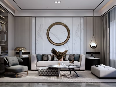 Elegant Modern Living Room Interior With Round Mirror Sofa Coffee Table And Rug 3d model