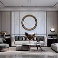 Elegant Modern Living Room Interior With Round Mirror Sofa Coffee Table And Rug