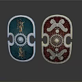 Decorative Shields with Green And Dark Red Backgrounds Featuring Figures Eagle Motifs And Gears