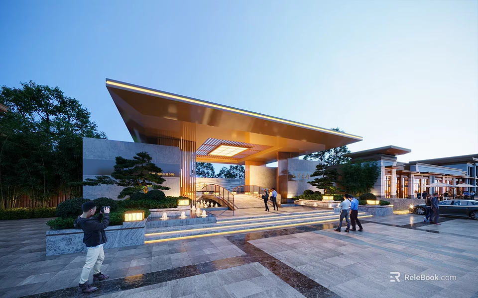 Modern Illuminated Residential Building Exterior With Extended Roof And Landscaped Gardens And Stone Steps 3d model 