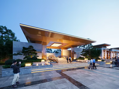 Modern Illuminated Residential Building Exterior With Extended Roof And Landscaped Gardens And Stone Steps 3d model