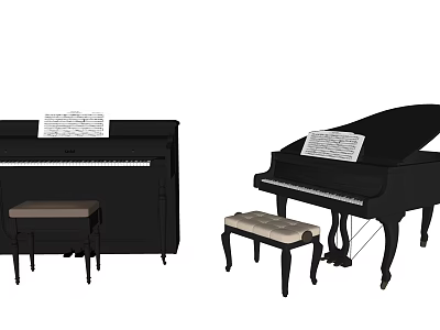 Black Grand and Upright Pianos as Musical Instruments with Sheet Music and Stools 3d model