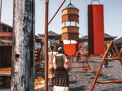 Traditional Chinese Wooden Swing Door In Ancient Street With Hanging Baskets And Red Cloth 3d model