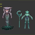 Two Sci Fi Characters Green Robot And Purple Pink Figure With Ringed Staff Standing