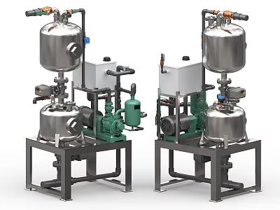Industrial Equipment Featuring Stainless Steel Tanks Pipes Valves Green Pumps Control Panels And Metal Frames 3d model