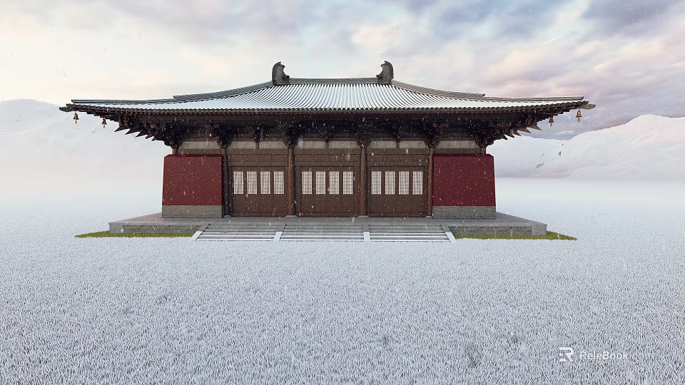 Ancient Traditional Building With Tiled Roof Wooden Structure Red Walls And Stone Steps 3d model 