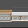 Bakery Dessert Display Counter With Wooden Top Striped Panels Circular Logos And Glass Shelves