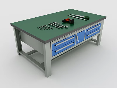 Workbench With Green Tabletop Blue Drawers Metal Frame And Assorted Tools 3d model