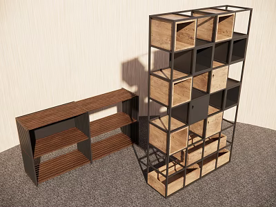 Modern Storage Shelving Units With Wooden Compartments And Metal Frames Design 3d model