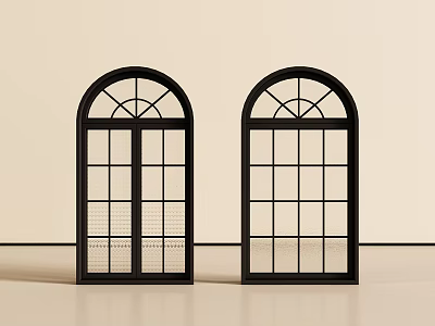Black Arched French Doors With Grid Design And Glass Panels In Light Colored Walls 3d model