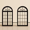 Black Arched French Doors With Grid Design And Glass Panels In Light Colored Walls